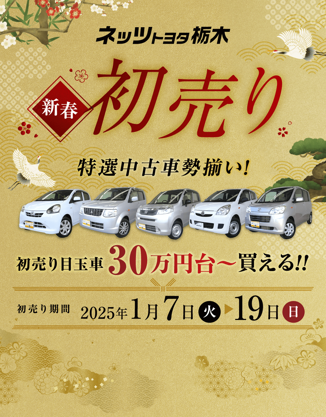 ネッツトヨタ栃木 新春初売り 1/7〜19 特選中古車勢揃い!初売り目玉車30万円〜買える!!